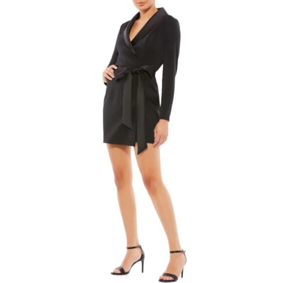 IEENA for MAC DUGGAL Satin/Chiffon Tuxedo Wrap Mini-Dress, Black - Picture 1 of 5